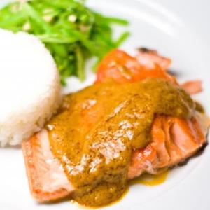 Slow Roasted Salmon With Peanut Curry Sauce And Snap Pea Slaw