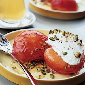 Honey-Roasted Plums with Mascarpone and Pistachios