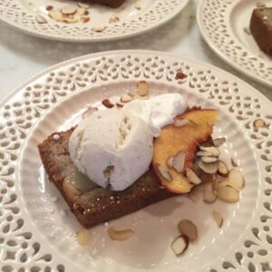 PEACH CAKE WITH ICE CREAM AND ALMONDS